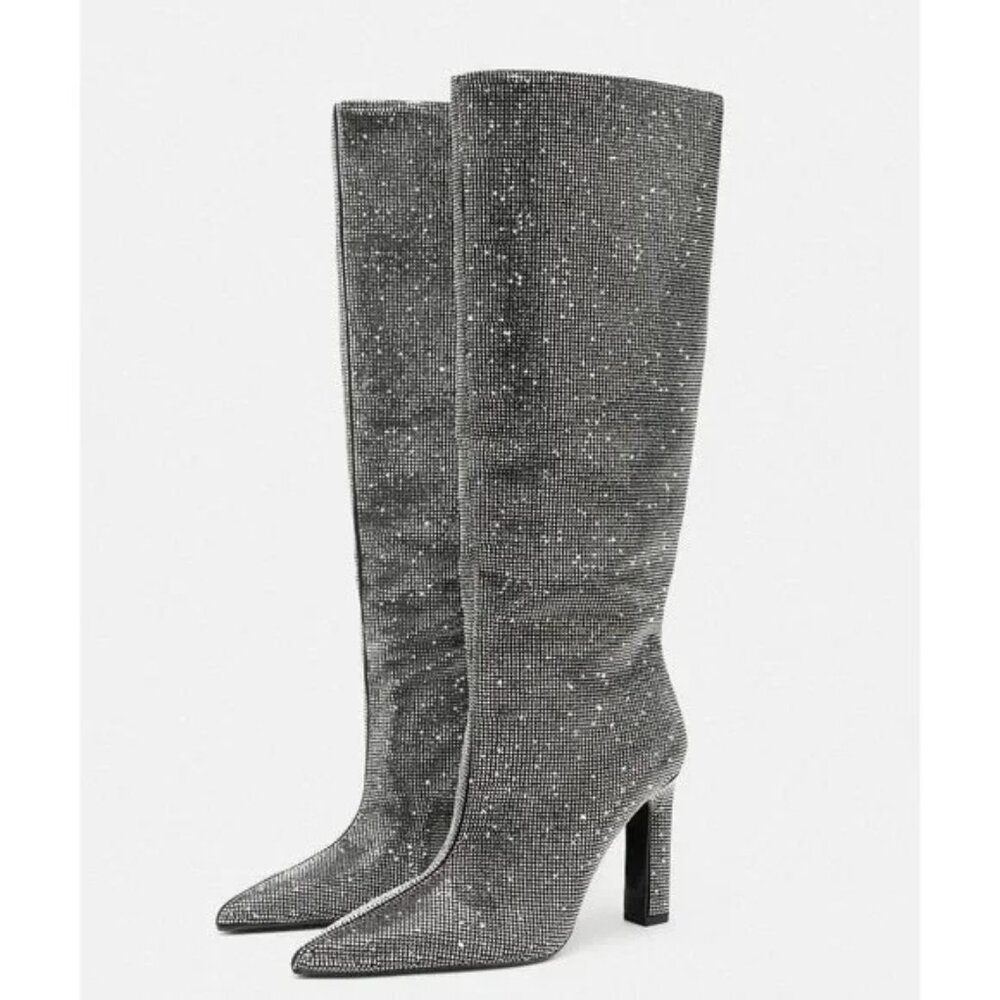 Zara Black Y2K Sparkly Rhinestone Knee High Pointed Toe Boots